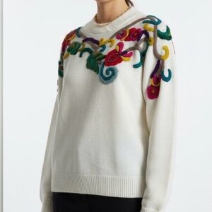 Vintage 80’s Cream Sweater with Floral Embroidery and Shawl Neckline